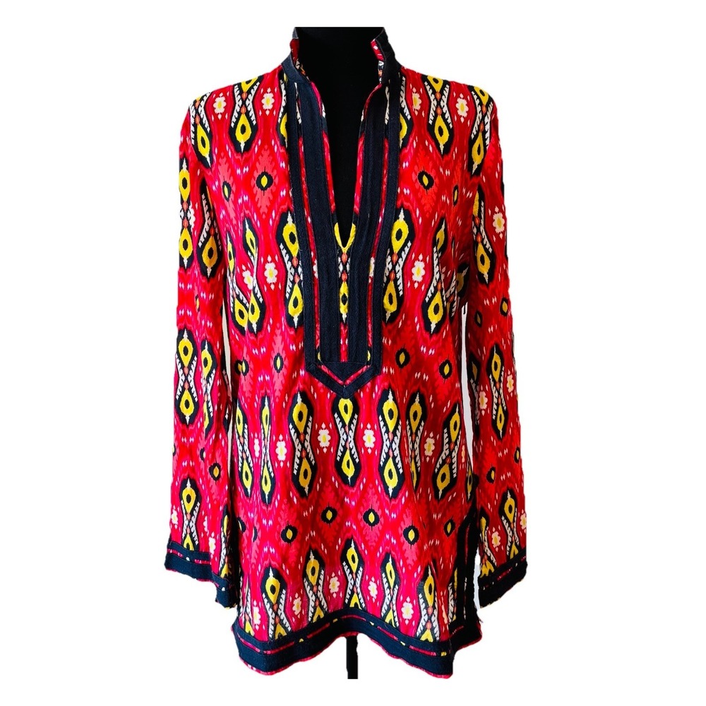 Tory Burch Ikat Print Tunic Red Yellow Black Cotton V‑Neck Boho Style Size 8